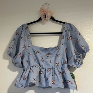 TINSELTOWN Light Blue Floral Puff-Sleeve Cropped Peplum Blouse